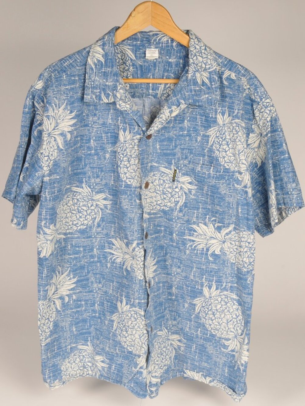 Vintage Palmwave Resortwear Hawaiian Aloha Shirt Tropical Pineapple Blue Size XL